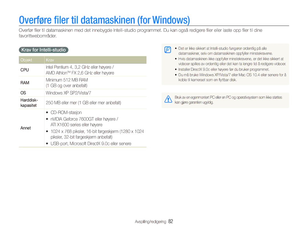 Samsung EC-ST5000BPBE2, EC-ST500ZBPRE2 Overføre ﬁler til datamaskinen for Windows, Krav for Intelli-studio, Objekt Krav 