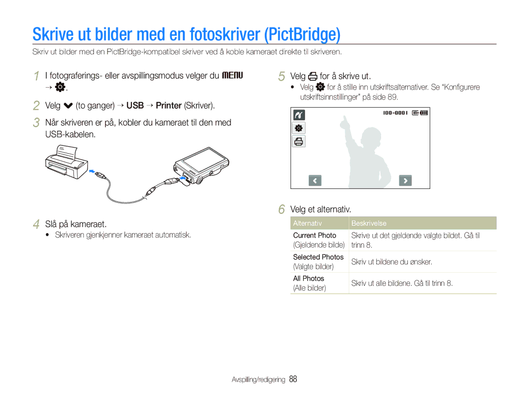 Samsung EC-ST500ZBPSE2, EC-ST500ZBPRE2, EC-ST5000BPAE2 Skrive ut bilder med en fotoskriver PictBridge, Velg for å skrive ut 