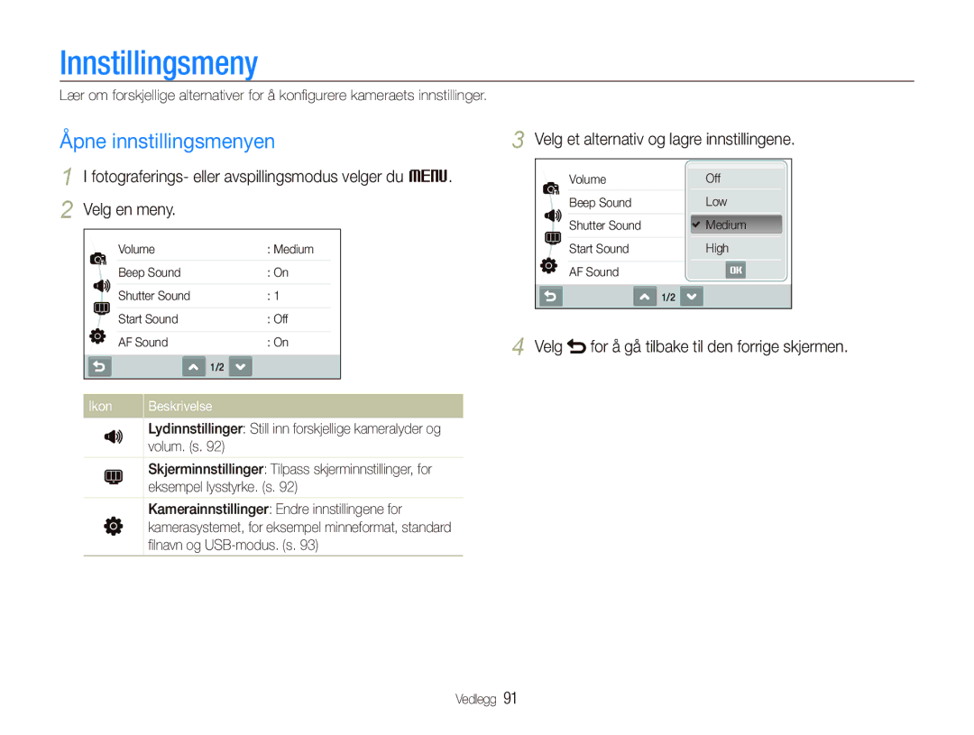 Samsung EC-ST500ZBPUE2 Innstillingsmeny, Åpne innstillingsmenyen, Velg et alternativ og lagre innstillingene, Vedlegg 