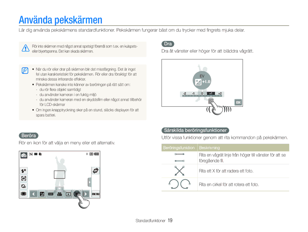 Samsung EC-ST500ZBPRE2 manual Använda pekskärmen, Dra, Beröra, Särskilda beröringsfunktioner, Beröringsfunktion Beskrivning 