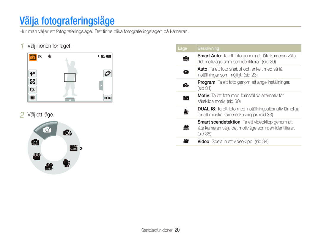 Samsung EC-ST5000BPAE2, EC-ST500ZBPRE2, EC-ST500ZBPUE2 Välja fotograferingsläge, Välj ikonen för läget Välj ett läge, Läge 