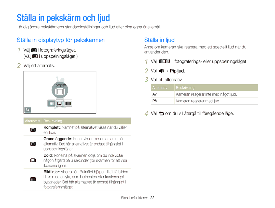 Samsung EC-ST5000BPBE2, EC-ST500ZBPRE2 Ställa in pekskärm och ljud, Ställa in displaytyp för pekskärmen, Ställa in ljud 