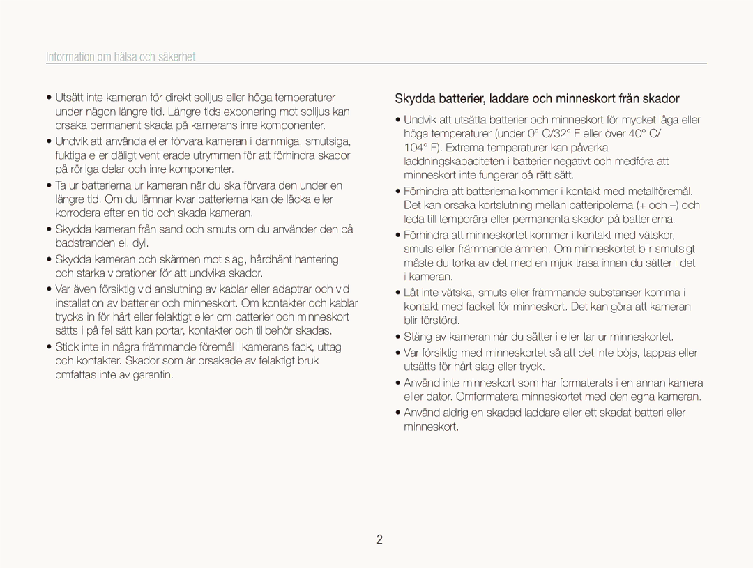 Samsung EC-ST5000BPBE2 manual Information om hälsa och säkerhet, Skydda batterier, laddare och minneskort från skador 