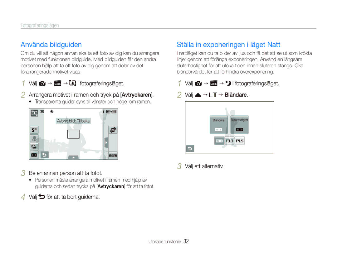 Samsung EC-ST5000BPBE2 manual Använda bildguiden, Ställa in exponeringen i läget Natt, Välj a “ s “ Fotograferingsläget 