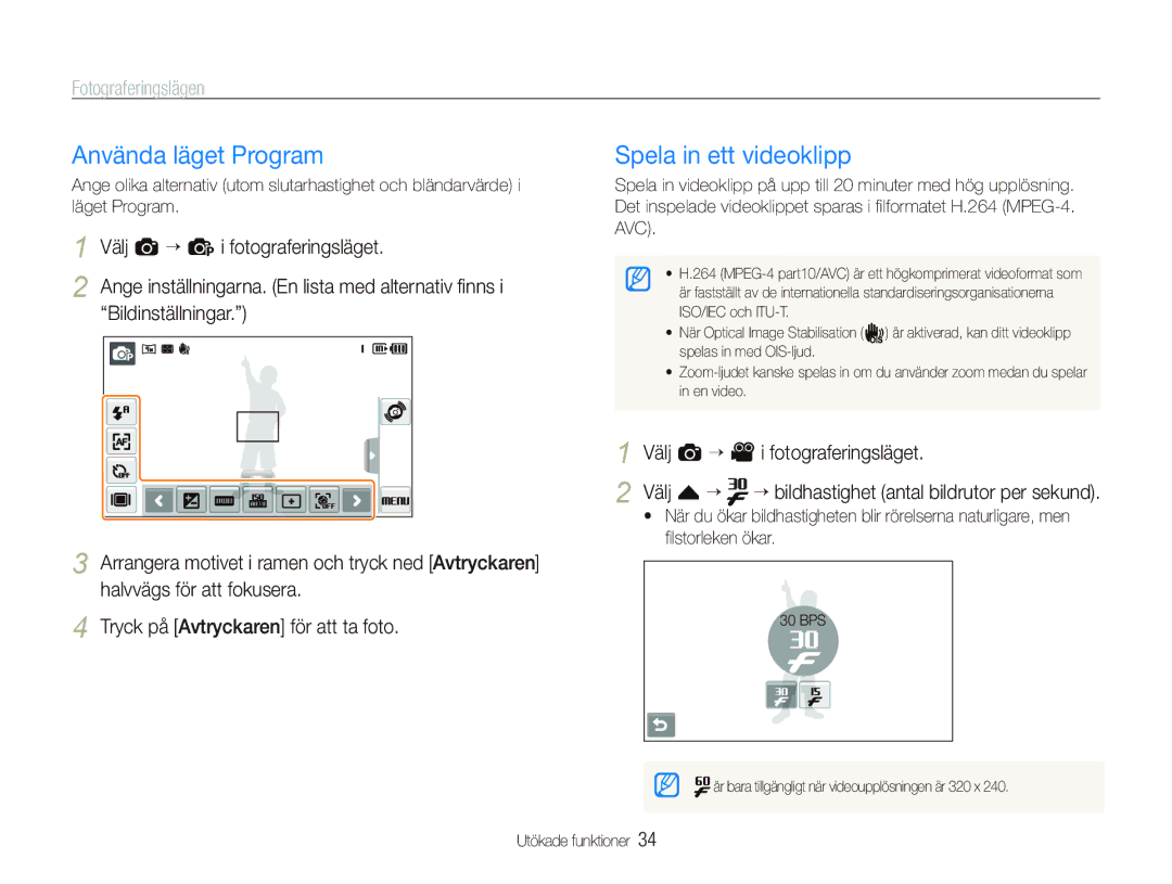 Samsung EC-ST500ZBPRE2, EC-ST5000BPAE2, EC-ST500ZBPUE2, EC-ST5000BPBE2 manual Använda läget Program, Spela in ett videoklipp 