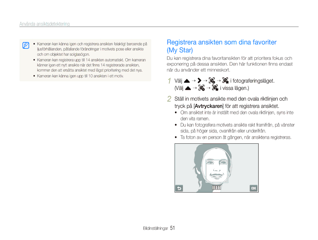 Samsung EC-ST500ZBPUE2, EC-ST500ZBPRE2, EC-ST5000BPAE2, EC-ST5000BPBE2 manual Registrera ansikten som dina favoriter My Star 