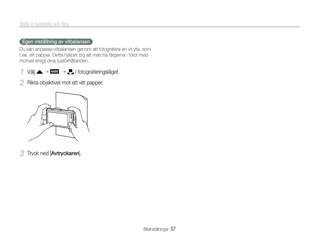 Samsung EC-ST5000BPBE2, EC-ST500ZBPRE2, EC-ST5000BPAE2, EC-ST500ZBPUE2, EC-ST500ZBPSE2 manual Egen inställning av vitbalansen 