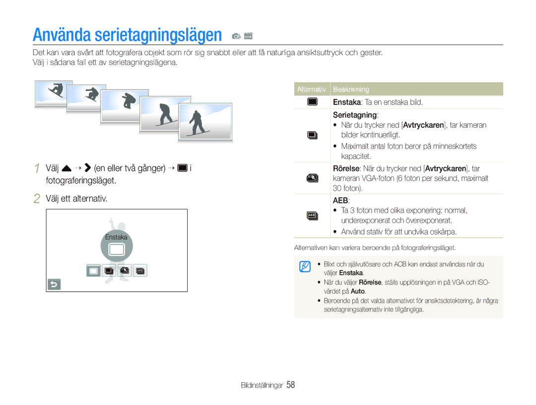 Samsung EC-ST500ZBPSE2, EC-ST500ZBPRE2 manual Använda serietagningslägen p s,  Använd stativ för att undvika oskärpa 