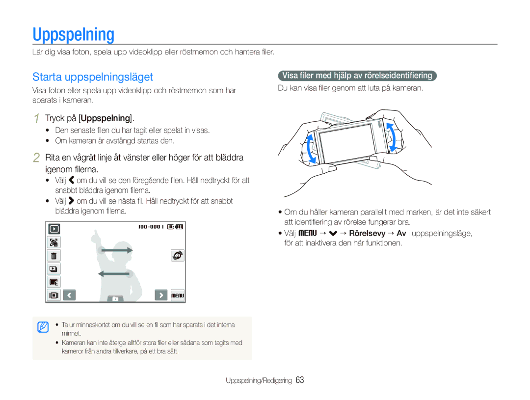 Samsung EC-ST500ZBPSE2 Starta uppspelningsläget, Tryck på Uppspelning, Visa ﬁler med hjälp av rörelseidentiﬁering 