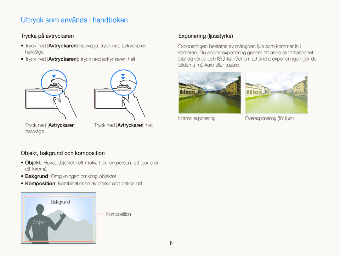 Samsung EC-ST500ZBPUE2 manual Uttryck som används i handboken, Trycka på avtryckaren, Exponering ljusstyrka, Objekt 