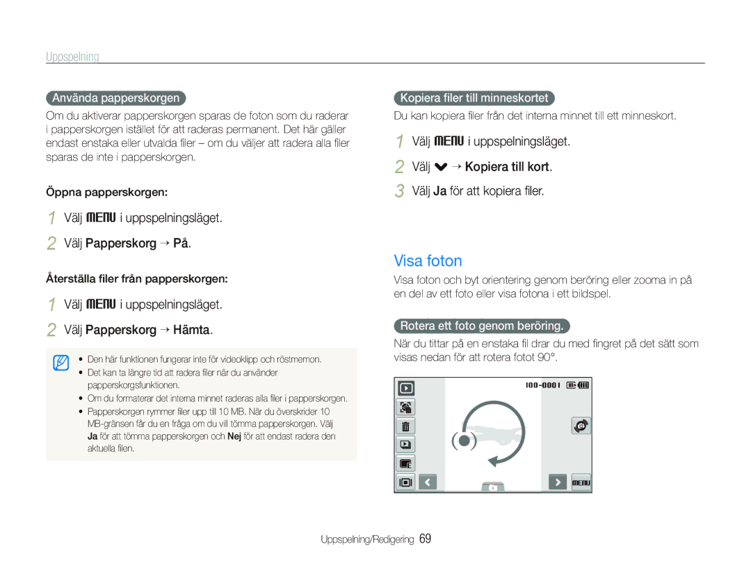 Samsung EC-ST500ZBPRE2, EC-ST5000BPAE2, EC-ST500ZBPUE2 manual Visa foton, Välj M i uppspelningsläget Välj Papperskorg “ På 