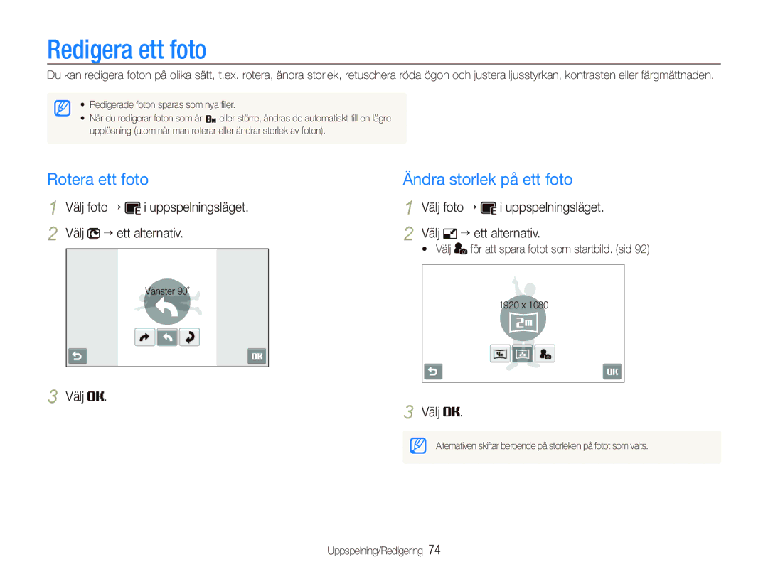 Samsung EC-ST500ZBPRE2, EC-ST5000BPAE2, EC-ST500ZBPUE2 manual Redigera ett foto, Rotera ett foto Ändra storlek på ett foto 