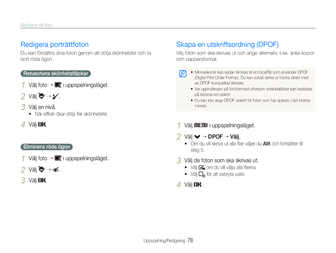 Samsung EC-ST500ZBPSE2 manual Redigera porträttfoton, Skapa en utskriftsordning Dpof, Välj de foton som ska skrivas ut 