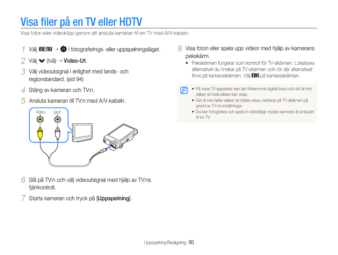 Samsung EC-ST5000BPAE2, EC-ST500ZBPRE2 manual Visa ﬁler på en TV eller Hdtv, ﬁnns på kameraskärmen. Välj på kameraskärmen 