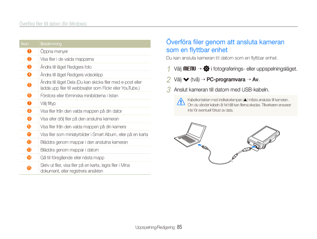 Samsung EC-ST5000BPAE2, EC-ST500ZBPRE2, EC-ST500ZBPUE2 manual Överföra ﬁler genom att ansluta kameran som en ﬂyttbar enhet 