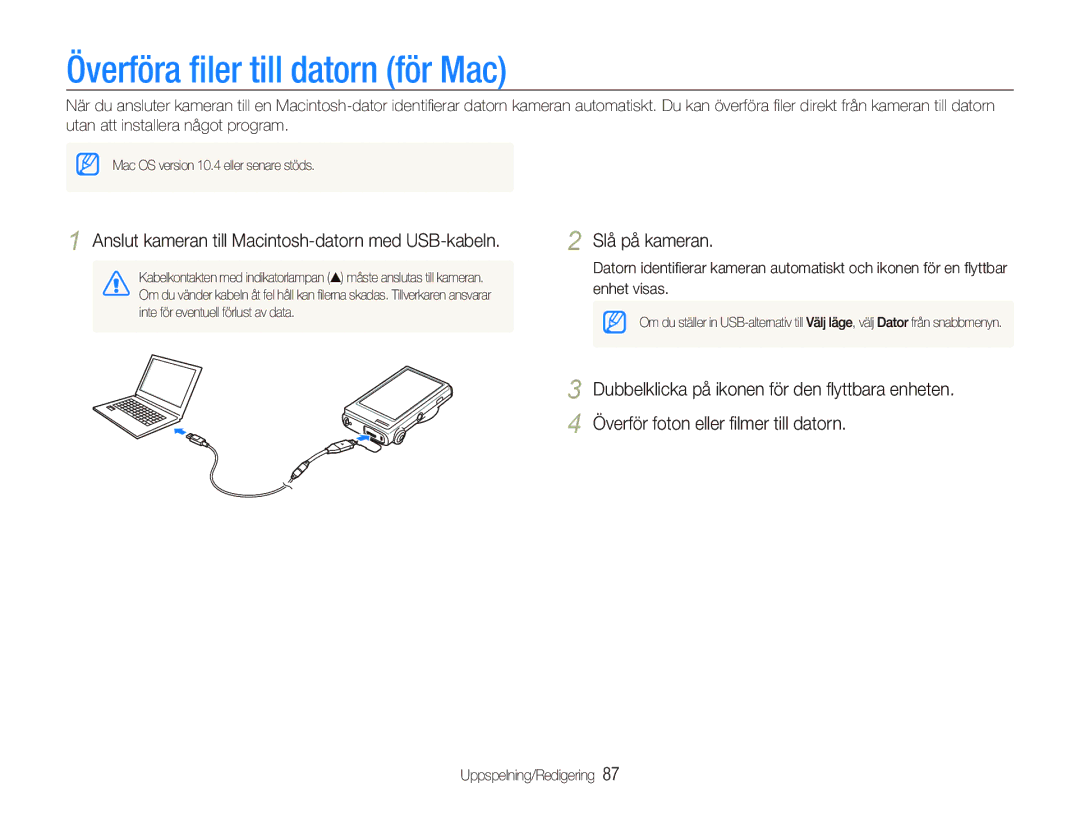 Samsung EC-ST5000BPBE2 manual Överföra ﬁler till datorn för Mac, Anslut kameran till Macintosh-datorn med USB-kabeln 