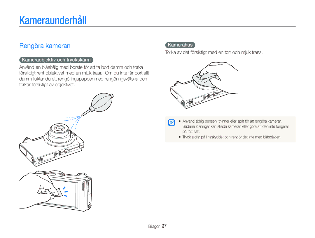 Samsung EC-ST5000BPBE2, EC-ST500ZBPRE2 manual Kameraunderhåll, Rengöra kameran, Kameraobjektiv och tryckskärm, Kamerahus 