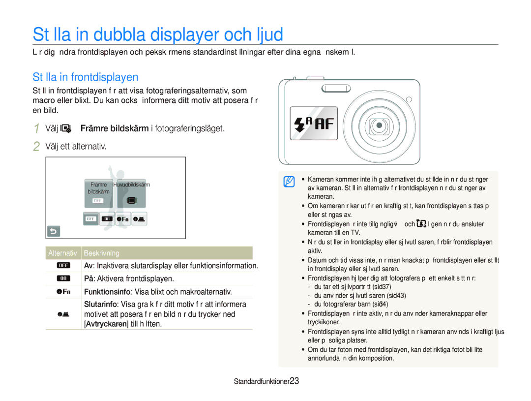 Samsung EC-ST500ZBPRE2 manual Ställa in dubbla displayer och ljud, Ställa in frontdisplayen, Alternativ Beskrivning 