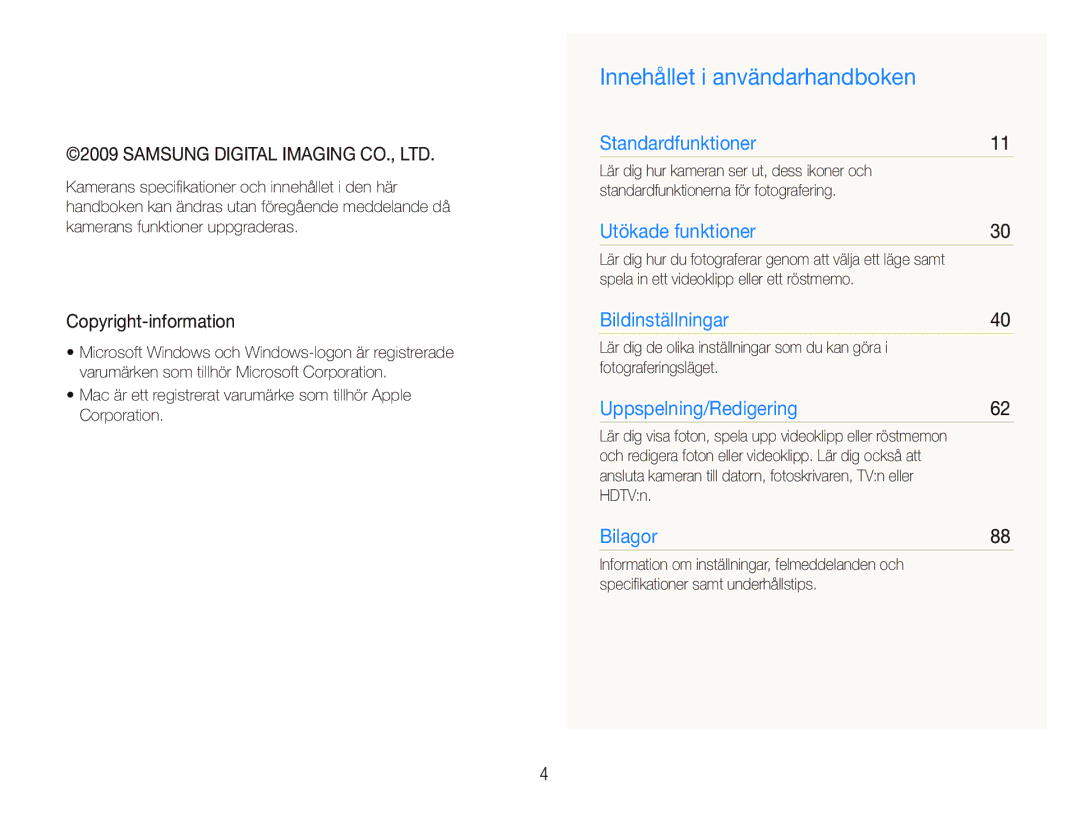 Samsung EC-ST510ZBPSE2 Innehållet i användarhandboken, Copyright-information, Spela in ett videoklipp eller ett röstmemo 