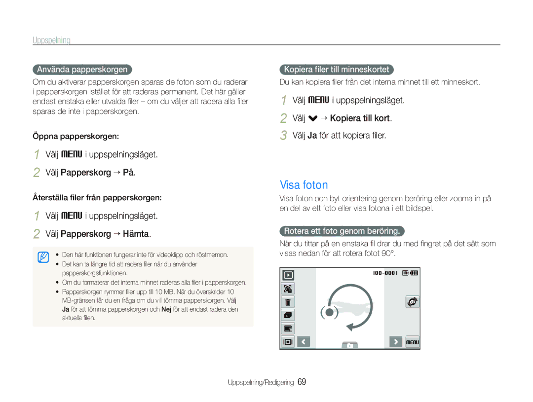 Samsung EC-ST500ZBPUE2, EC-ST500ZBPRE2, EC-ST510ZBPSE2 manual Visa foton, Välj M i uppspelningsläget Välj Papperskorg “ På 