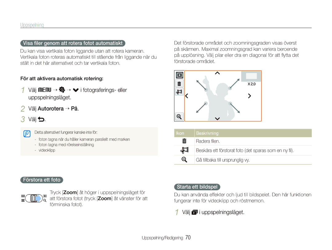 Samsung EC-ST500ZBPSE2 manual Visa ﬁler genom att rotera fotot automatiskt, Förstora ett foto, Starta ett bildspel 