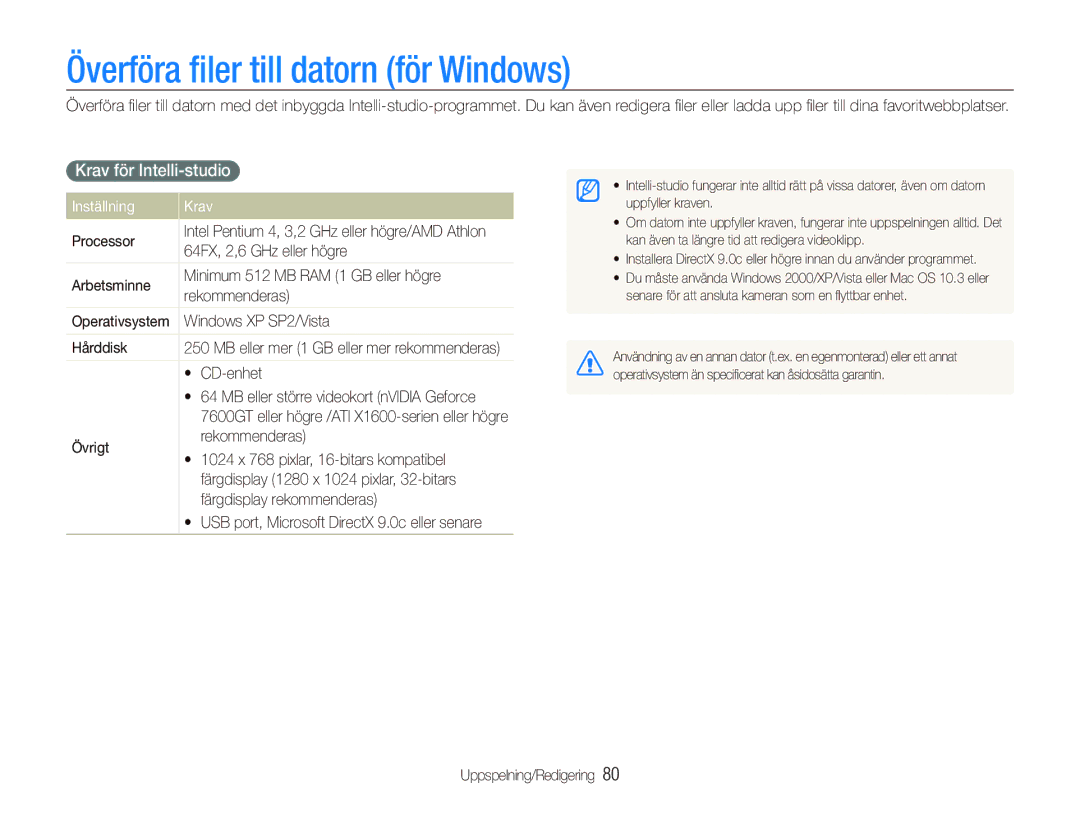 Samsung EC-ST510ZBPSE2, EC-ST500ZBPRE2 Överföra ﬁler till datorn för Windows, Krav för Intelli-studio, Inställning Krav 