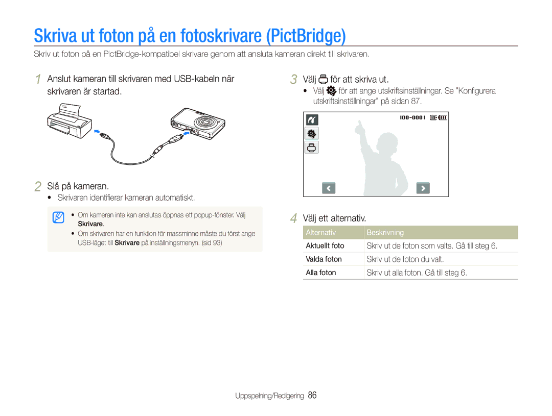 Samsung EC-ST500ZBPSE2 manual Skriva ut foton på en fotoskrivare PictBridge, Välj för att skriva ut, Aktuellt foto 