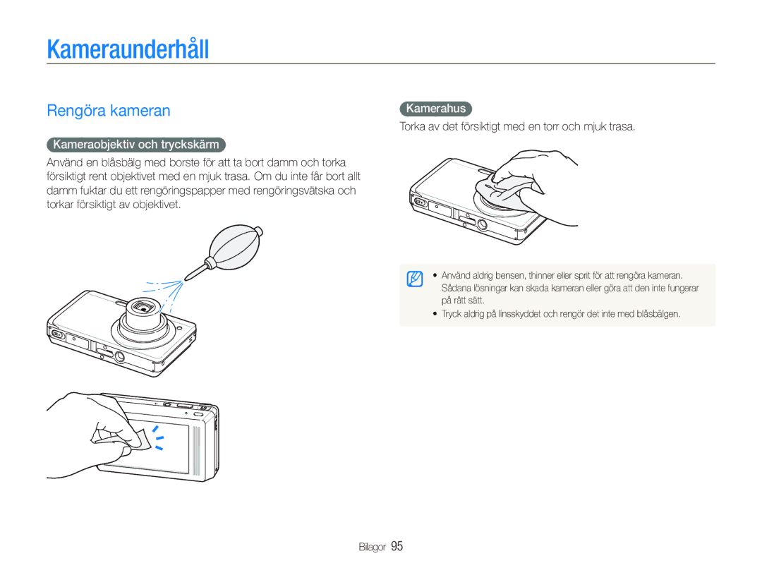 Samsung EC-ST500ZBPRE2, EC-ST510ZBPSE2 manual Kameraunderhåll, Rengöra kameran, Kameraobjektiv och tryckskärm, Kamerahus 