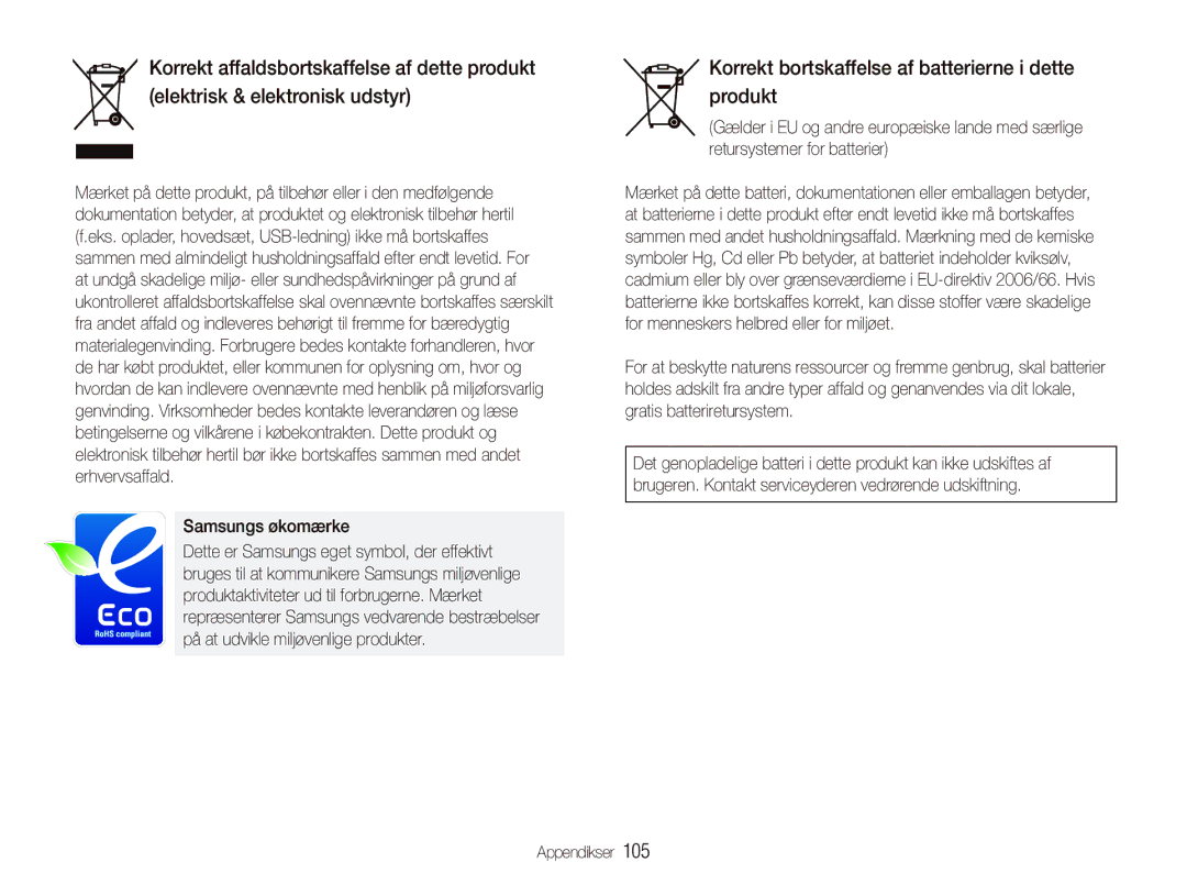 Samsung EC-ST500ZBPUE2, EC-ST500ZBPRE2 manual Korrekt bortskaffelse af batterierne i dette produkt, Samsungs økomærke 