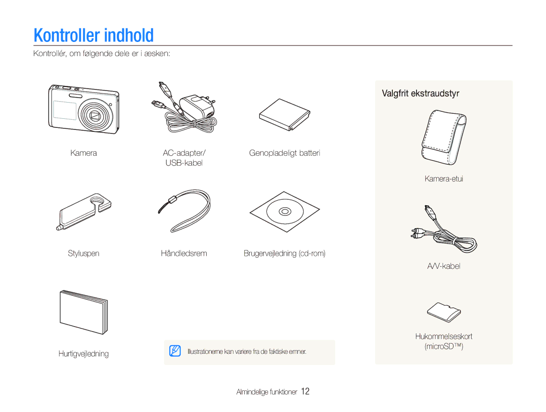 Samsung EC-ST510ZBPSE2, EC-ST500ZBPRE2, EC-ST500ZBPUE2, EC-ST500ZBPSE2 manual Kontroller indhold, Valgfrit ekstraudstyr 