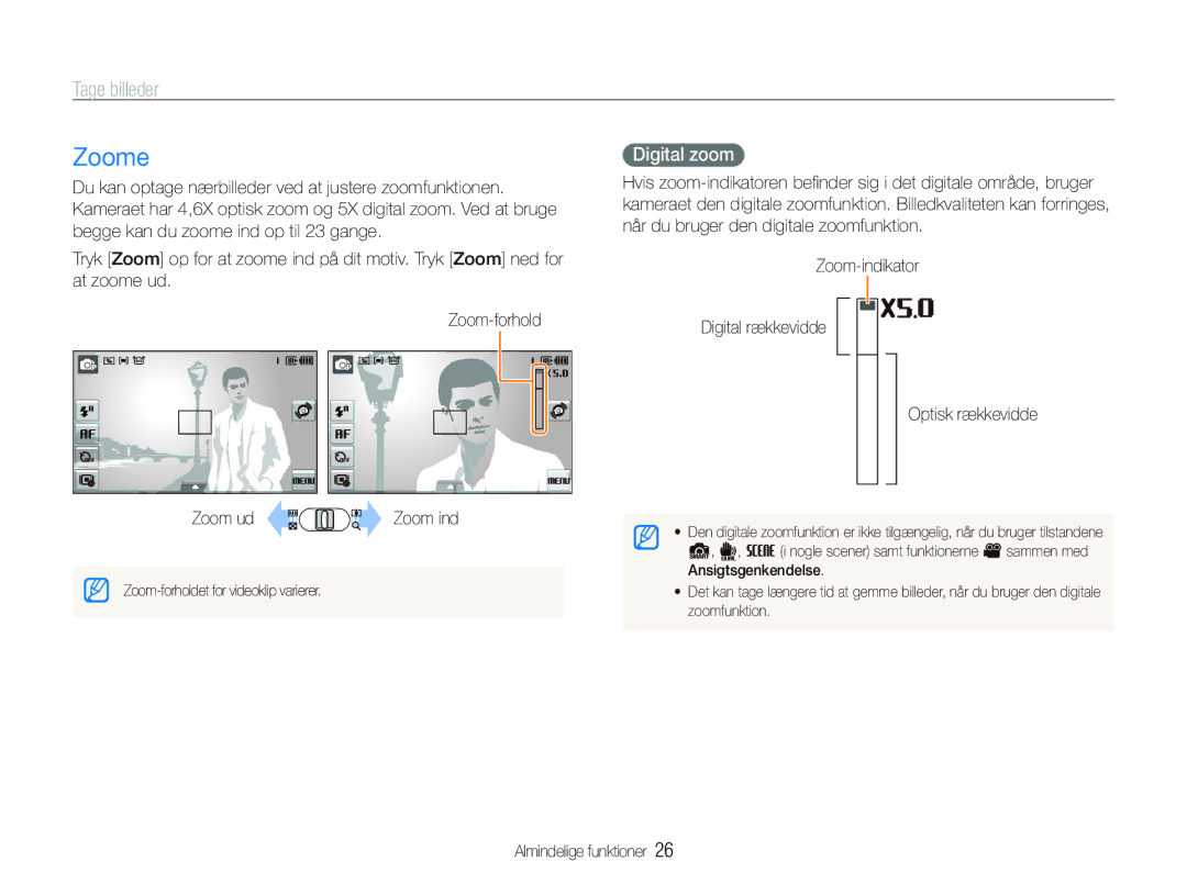 Samsung EC-ST500ZBPSE2, EC-ST500ZBPRE2, EC-ST510ZBPSE2, EC-ST500ZBPUE2 manual Zoome, Tage billeder, Digital zoom 