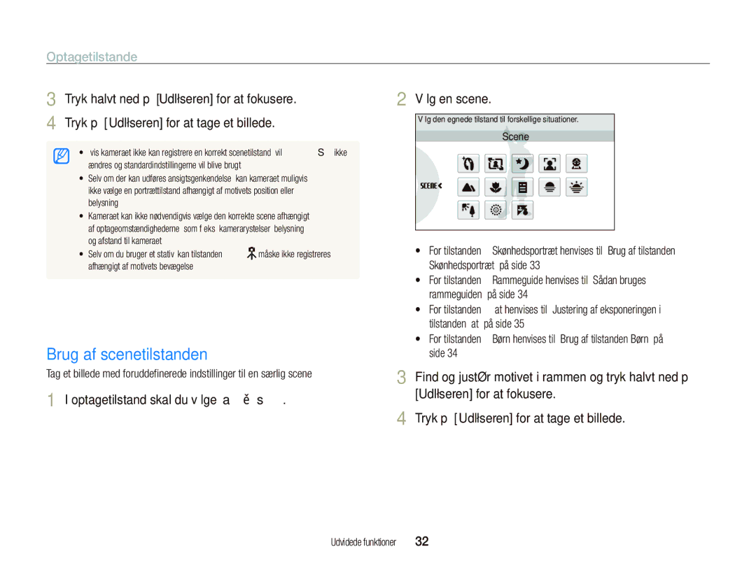 Samsung EC-ST510ZBPSE2 manual Brug af scenetilstanden, Optagetilstande, Optagetilstand skal du vælge a ““s Vælg en scene 