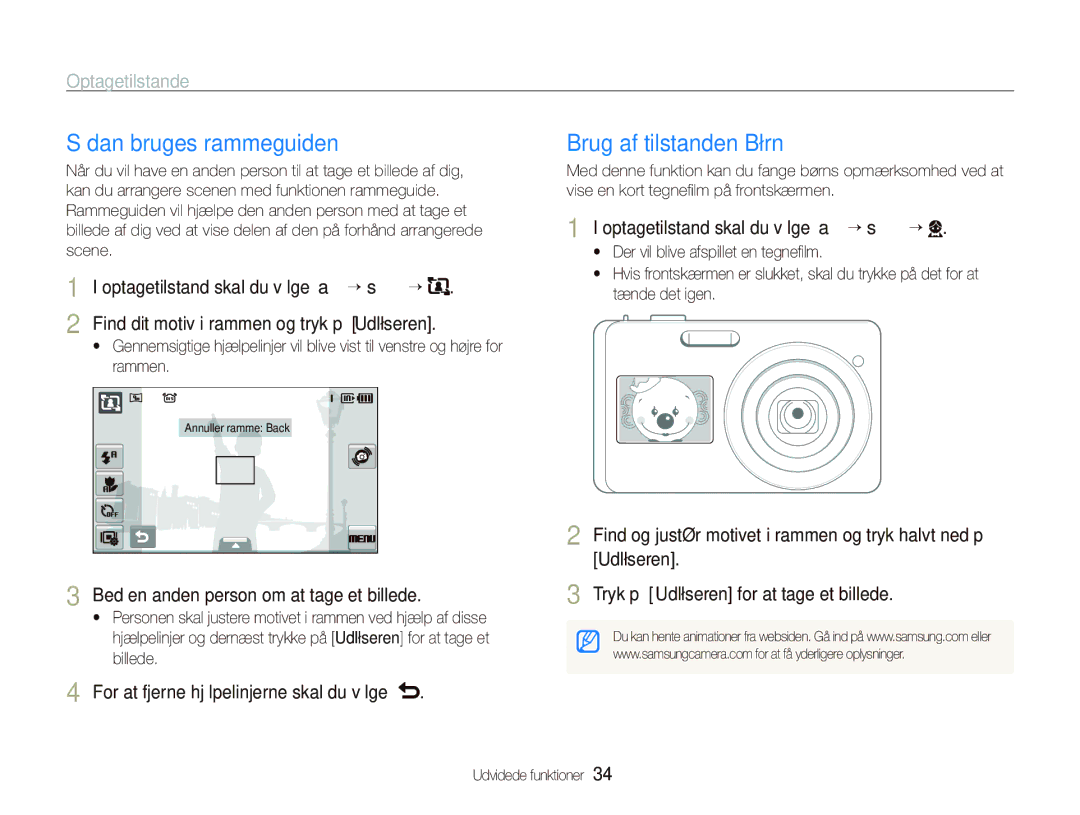 Samsung EC-ST500ZBPSE2 manual Sådan bruges rammeguiden, Brug af tilstanden Børn, Bed en anden person om at tage et billede 