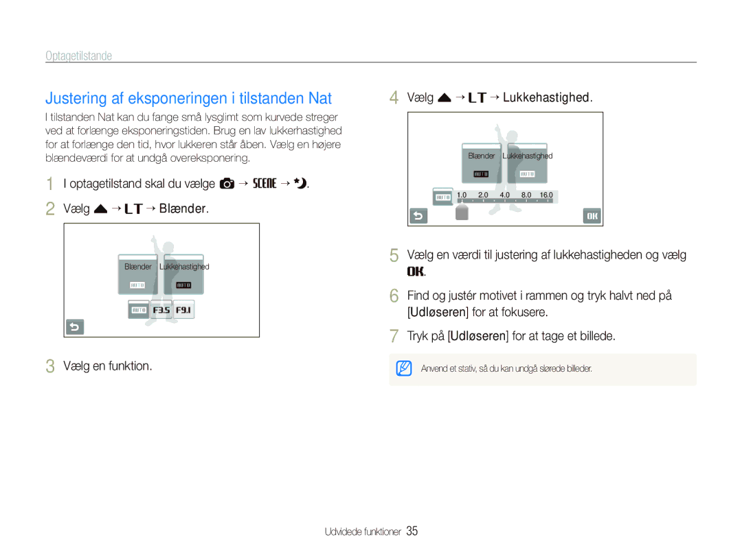 Samsung EC-ST500ZBPRE2 manual Justering af eksponeringen i tilstanden Nat, Vælg en funktion Vælg f “ ““Lukkehastighed 