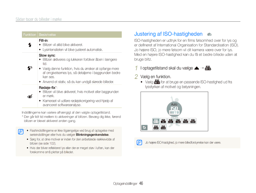 Samsung EC-ST500ZBPSE2, EC-ST500ZBPRE2, EC-ST510ZBPSE2 manual Justering af ISO-hastigheden p, Sådan tager du billeder i mørke 