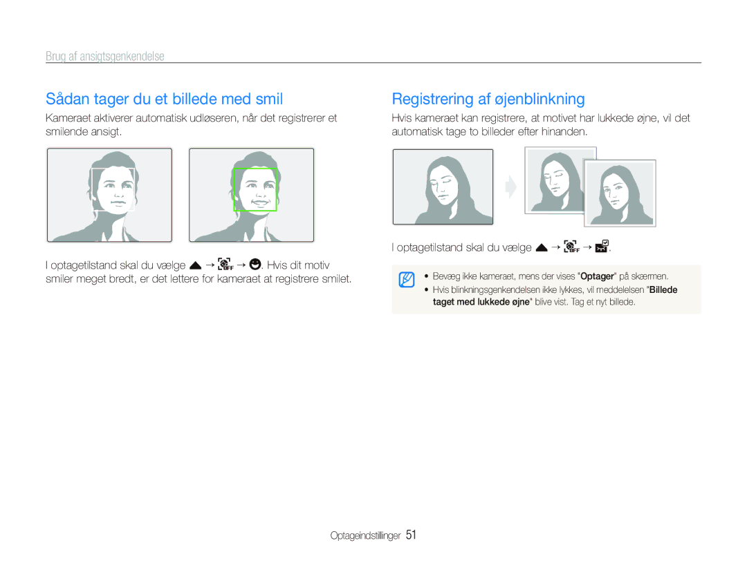 Samsung EC-ST500ZBPRE2 manual Sådan tager du et billede med smil, Registrering af øjenblinkning, Brug af ansigtsgenkendelse 