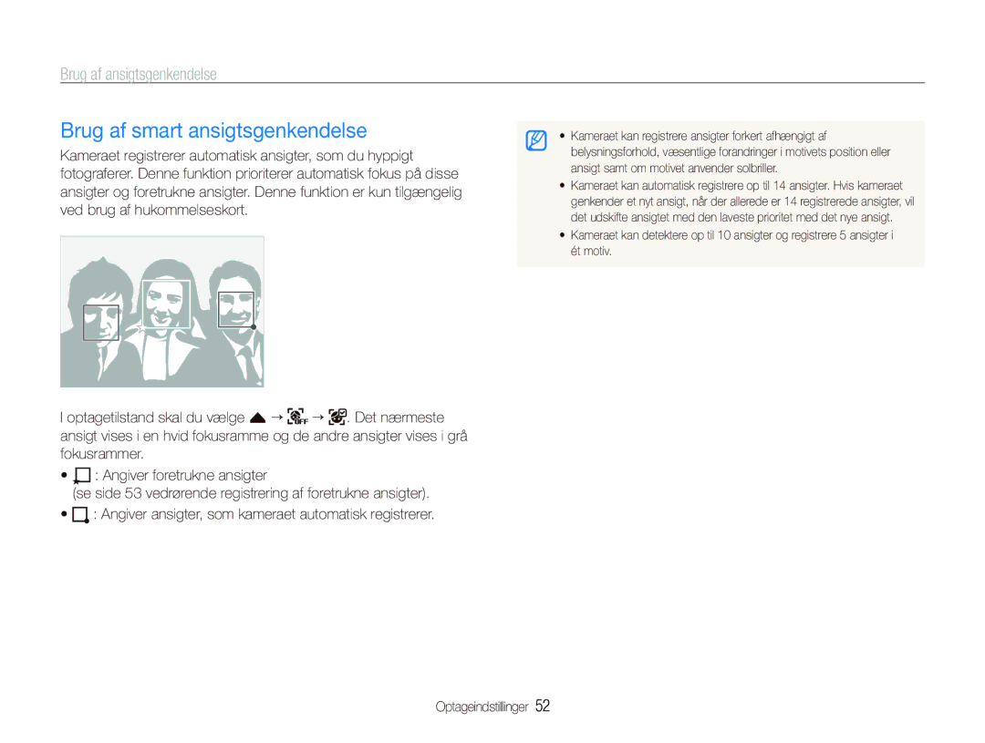 Samsung EC-ST510ZBPSE2, EC-ST500ZBPRE2, EC-ST500ZBPUE2, EC-ST500ZBPSE2 manual Brug af smart ansigtsgenkendelse 