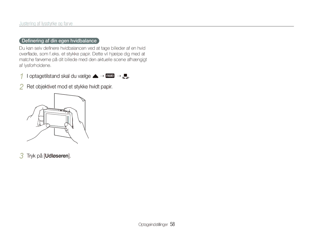 Samsung EC-ST500ZBPSE2, EC-ST500ZBPRE2, EC-ST510ZBPSE2, EC-ST500ZBPUE2 manual Deﬁnering af din egen hvidbalance 