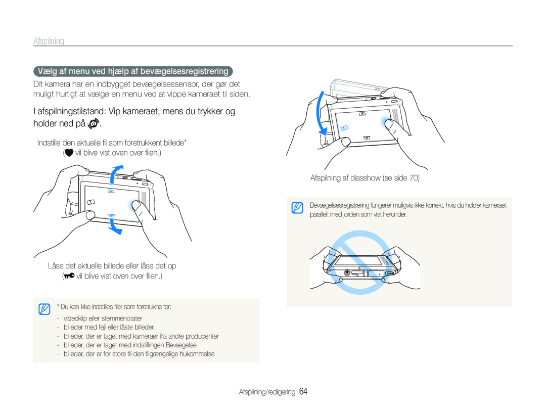 Samsung EC-ST510ZBPSE2 manual Vælg af menu ved hjælp af bevægelsesregistrering, Afspilning af diasshow se side 