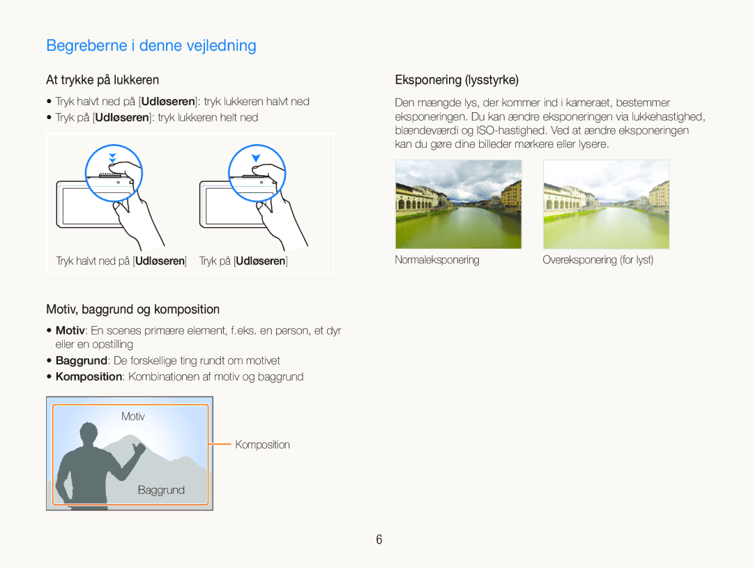 Samsung EC-ST500ZBPSE2 manual Begreberne i denne vejledning, At trykke på lukkeren, Motiv, baggrund og komposition 