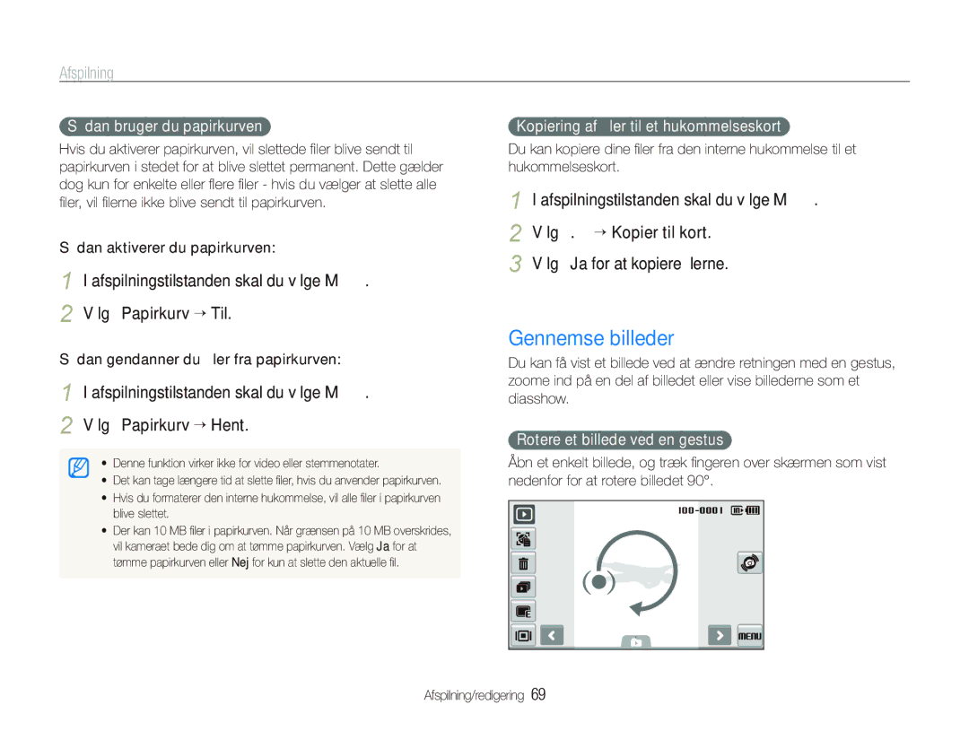 Samsung EC-ST500ZBPUE2, EC-ST500ZBPRE2 manual Gennemse billeder, Afspilningstilstanden skal du vælge M Vælg Papirkurv “ Til 