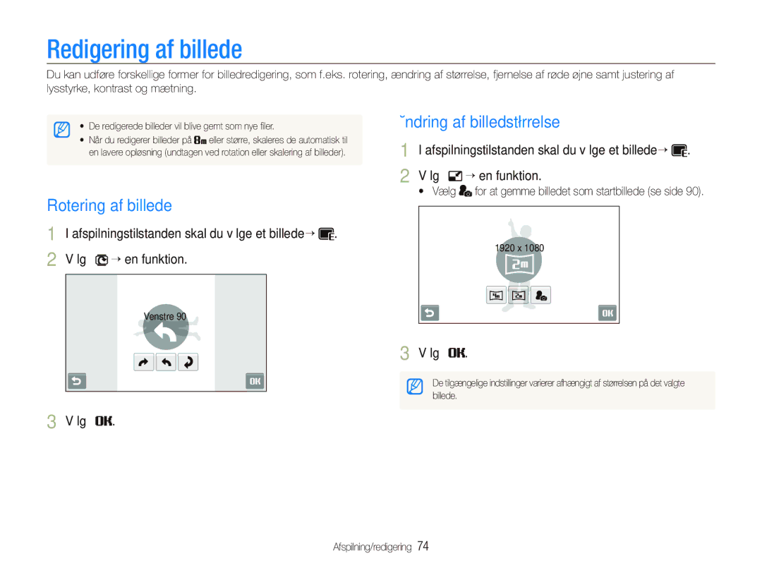 Samsung EC-ST500ZBPSE2, EC-ST500ZBPRE2 manual Redigering af billede, Rotering af billede, Ændring af billedstørrelse 