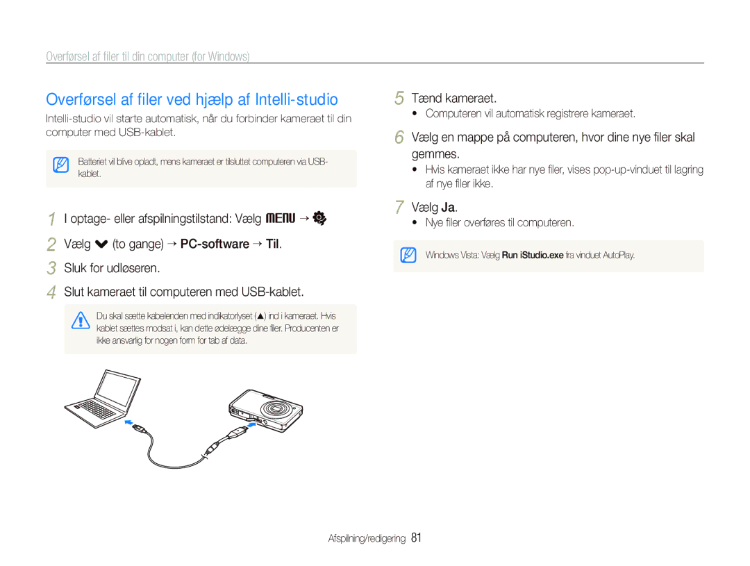 Samsung EC-ST500ZBPUE2 Overførsel af ﬁler ved hjælp af Intelli-studio, Overførsel af ﬁler til din computer for Windows 