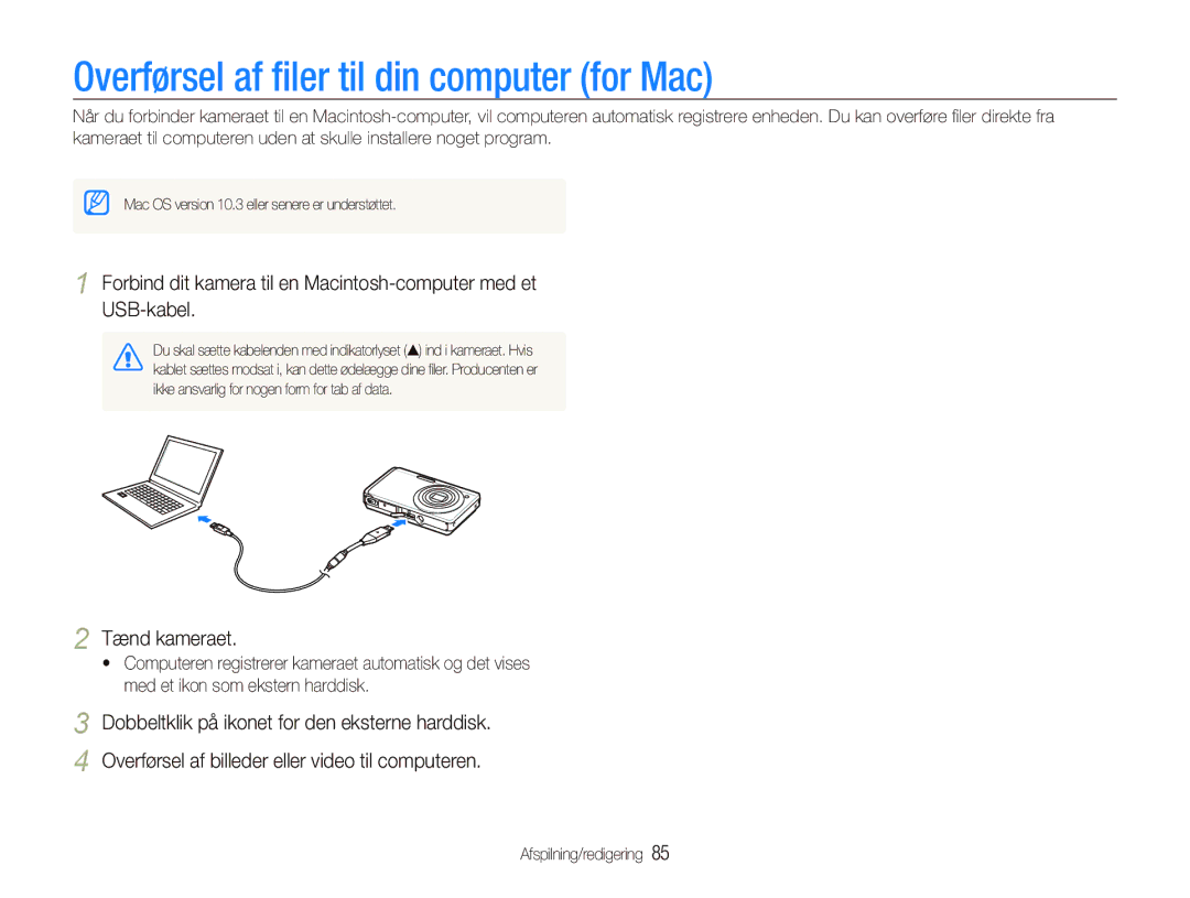 Samsung EC-ST500ZBPUE2, EC-ST500ZBPRE2, EC-ST510ZBPSE2, EC-ST500ZBPSE2 manual Overførsel af ﬁler til din computer for Mac 