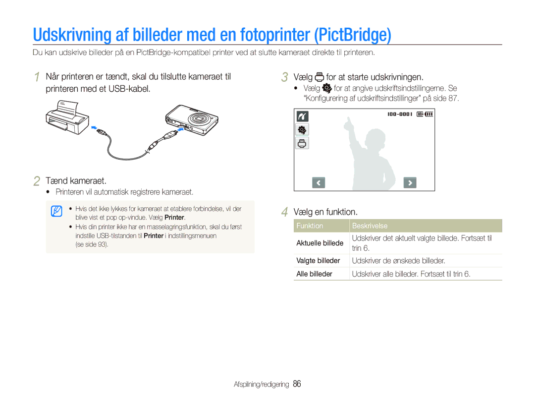 Samsung EC-ST500ZBPSE2 manual Udskrivning af billeder med en fotoprinter PictBridge, Vælg for at starte udskrivningen, Trin 