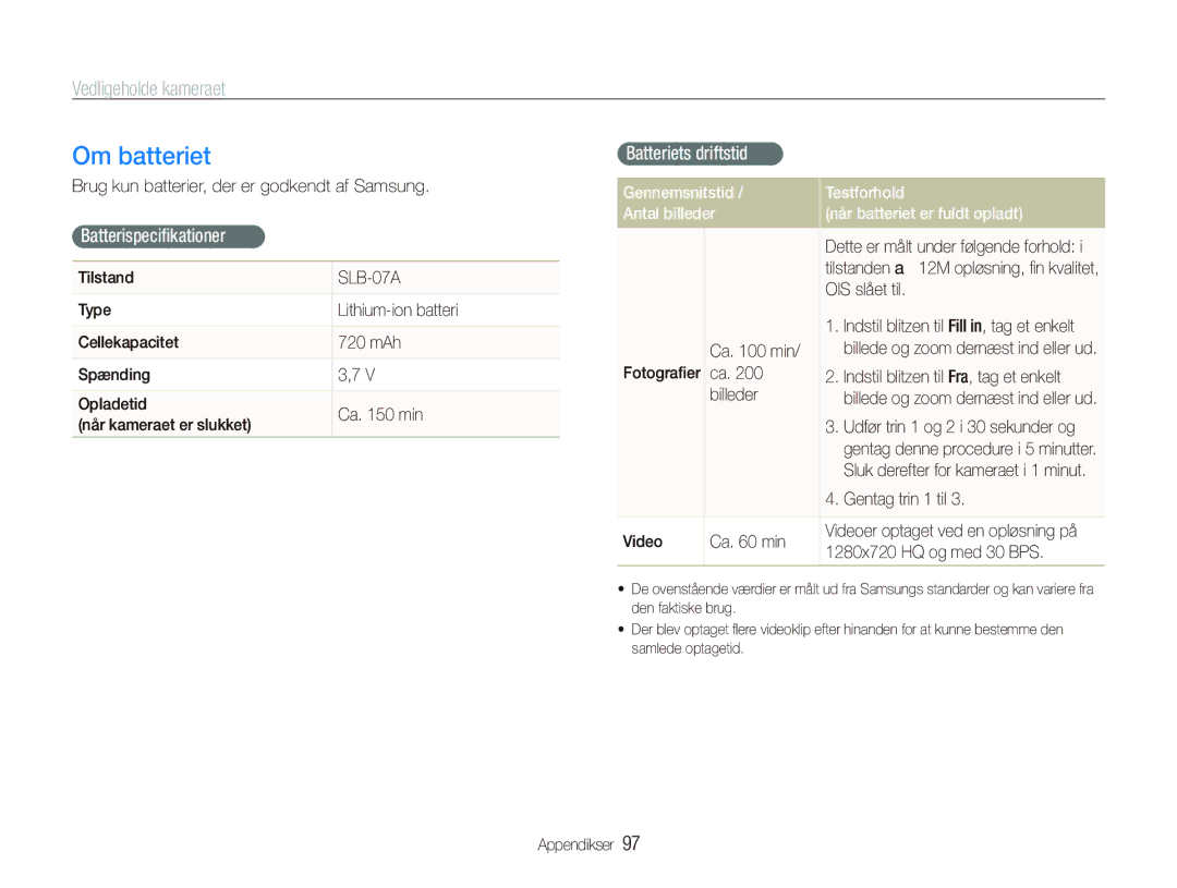 Samsung EC-ST500ZBPUE2, EC-ST500ZBPRE2, EC-ST510ZBPSE2 manual Om batteriet, Batterispeciﬁkationer, Batteriets driftstid 