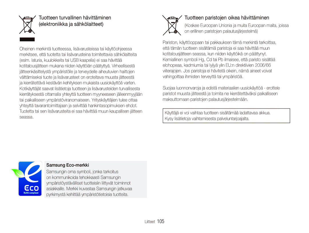 Samsung EC-ST500ZBPUE2, EC-ST500ZBPRE2, EC-ST510ZBPSE2 manual Tuotteen paristojen oikea hävittäminen, Samsung Eco-merkki 