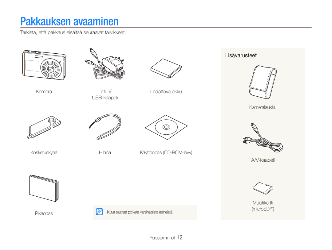 Samsung EC-ST510ZBPSE2, EC-ST500ZBPRE2, EC-ST500ZBPUE2, EC-ST500ZBPSE2 manual Pakkauksen avaaminen, Lisävarusteet 