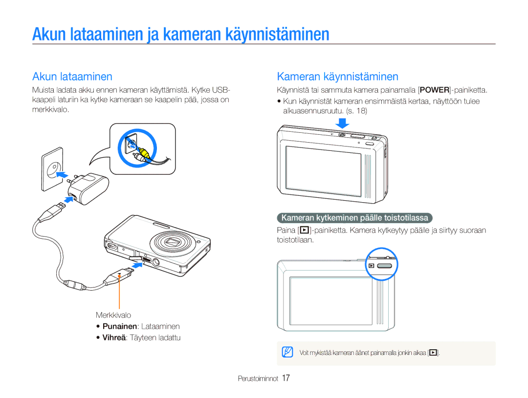 Samsung EC-ST500ZBPUE2 manual Akun lataaminen ja kameran käynnistäminen, Kameran käynnistäminen, Alkuasennusruutu. s 