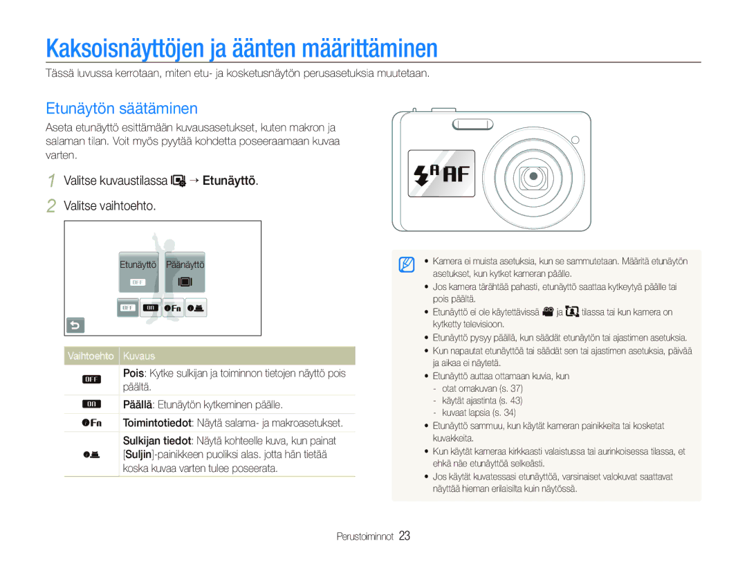 Samsung EC-ST500ZBPRE2, EC-ST510ZBPSE2 Kaksoisnäyttöjen ja äänten määrittäminen, Etunäytön säätäminen, Vaihtoehto Kuvaus 